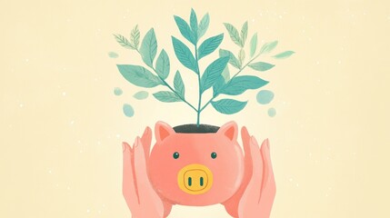 Obraz premium Cultivating financial growth how hands holding a piggy bank with a growing plant symbolizes successful retirement planning illustration