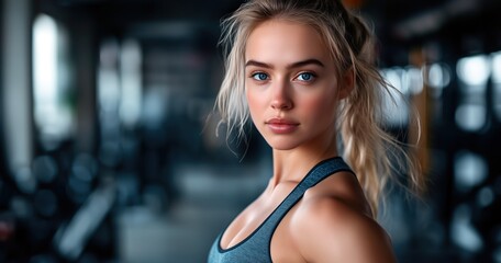 Fototapeta premium Une femme blonde en tenue de sport, au corps athlétique et aux yeux bleus, posant devant l'objectif pendant un entraînement à la salle de sport.