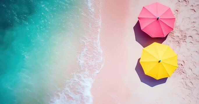 Une plage aux eaux turquoise avec deux parasols de couleur jaune et rose sur le rivage, vue de dessus. Photo a&eacute;rienne prise par drone, arri&egrave;re-plan pour concept de voyage et de vacances d'&eacute;t&eacute;.