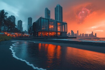 Naklejka premium Beachfront restaurant at sunset, city skyline, ocean waves