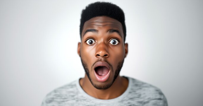 Portrait en gros plan d'un jeune homme noir surpris, la bouche ouverte et les yeux &eacute;carquill&eacute;s, isol&eacute; sur fond blanc, image avec espace pour texte.