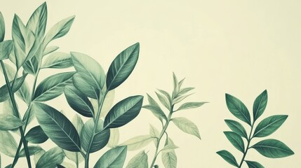 Obraz premium Green plant and leafs pattern. Pencil, hand drawn natural illustration. Simple organic plants design. Botany vintage graphic art. 4k wallpaper, background. Simple, minimal, clean design.