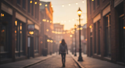 Person walking down a street with lights at twilight