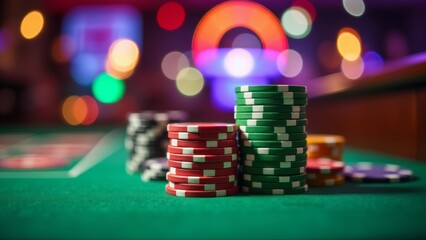 Naklejka premium Stacks Of Casino Chips On Table
