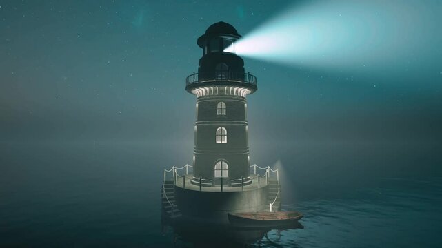 A lone lighthouse pierces the fog with its beam, its warm lights reflecting on the calm sea as a small boat rests below a starry sky.