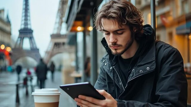 Young entrepreneur works remotely from cafe in Paris with iconic Eiffel Tower in background during rainy day