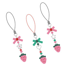 Cute trendy phone keychains with strawberries flat vector illustration isolated on white background. Collection, set of beaded key chains. Handmade, fashion concept, beading. Jewelry for phone or keys