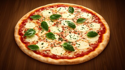 Fresh Margherita Pizza with Basil Leaves on a Wooden Table Surface