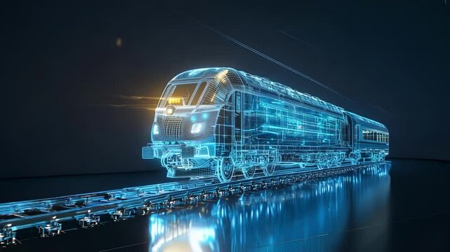 A futuristic hologram of a train on illuminated tracks.