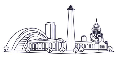 A minimalist one-line drawing of the Kansas City skyline, showcasing the Liberty Memorial and Kauffman Center in a modern, continuous-line style.


