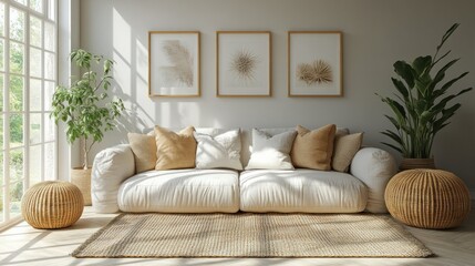 Fototapeta premium Sunlit living room with comfy sofa, neutral tones, plants, and woven accents