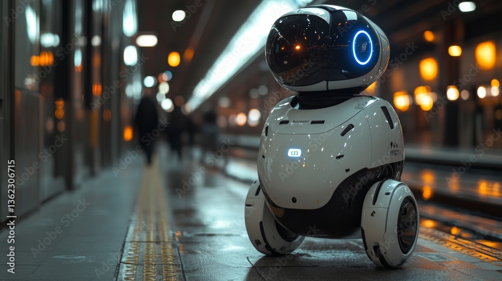 Aufkleber a robot is stationed on an urban transport platform, actively monitoring the surroundings while ensu