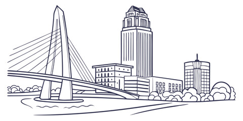 Fototapeta premium A minimalist one-line drawing of the Omaha skyline, featuring the Bob Kerrey Pedestrian Bridge and First National Bank Tower in a sleek, continuous-line style.
