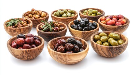 Collection of delicious olives in wooden bowls, cut out