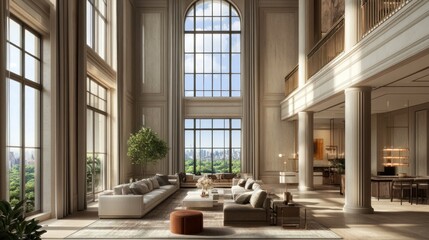 Grand living space with panoramic cityscape views and soaring windows