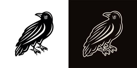 Crow tattoo vector illustration in two styles, black and white and light on dark background. Perfect for gothic, occult, and mystical designs