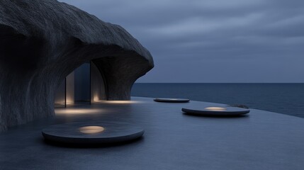 Modern cliffside retreat overlooking a tranquil ocean.  A minimalist, contemporary structure carved into a rocky outcrop, featuring an outdoor patio with circular seating areas. 