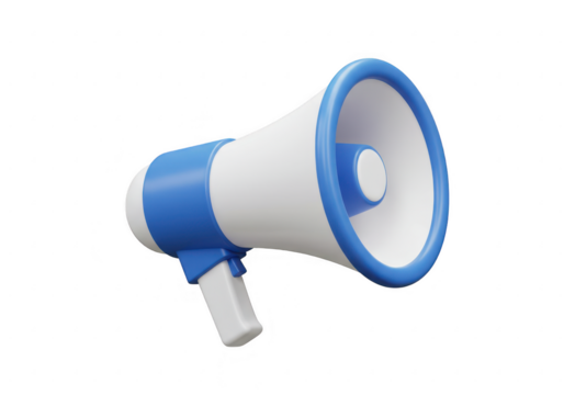 A 3D illustration of a blue and white megaphone with a handle and a wide speaker opening isolated on transparent background