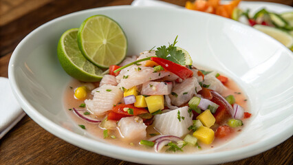 Peruvian Ceviche Clasico is a traditional Peruvian dish of fresh fish marinated in lime juice with onions, chilies and cilantro.