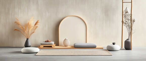 Serene minimalist space with neutral tones, natural elements, and wooden accents.  Features a meditation setup