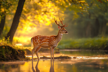 Majestic Deer in Sunlit Forest Clearing, Serene Nature Scene with Lush Greenery and Gentle Stream