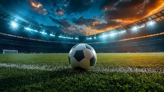 Soccer Ball on a Field with Dramatic Stadium Lights