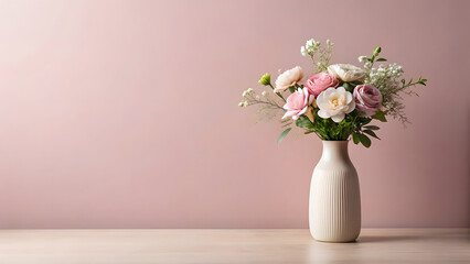 Naklejka premium Beautiful bouquet of pastel flowers in a vase against a pink wall setting