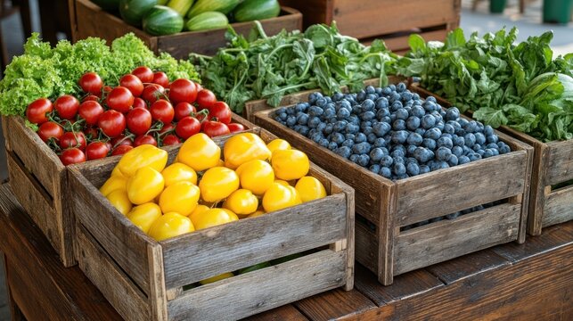 Fresh produce in wooden crates at a market. Colorful vegetables and berries displayed