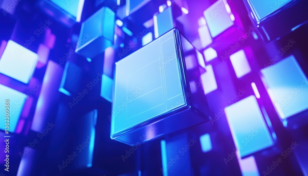 Poster abstract 3d rendering of glowing blue and purple cubes