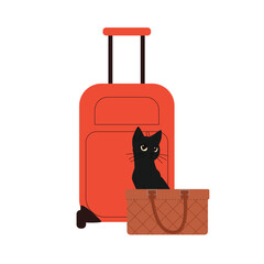 Illustration of a black cat sitting beside a brown handbag and red suitcase. Concept for pet travel, vacation with animals, or packing for a trip with your furry companion. Vector illustration