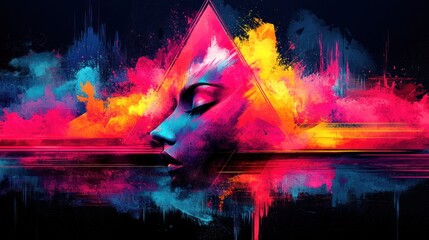 Obraz premium Vibrant abstract portrait, colorful paint splashes, geometric triangle