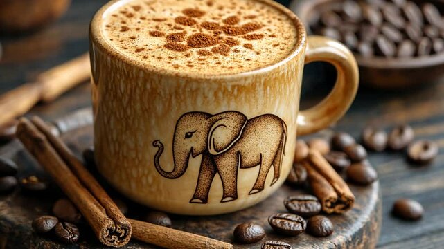Coffee cup with elephant design, cinnamon sticks, and coffee beans