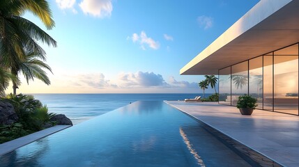 Fototapeta premium Modern luxury beachfront villa boasts floor-to-ceiling glass windows, panoramic ocean view, stone patio, turquoise water, natural stone flooring, and indoor-outdoor living in golden hour light.