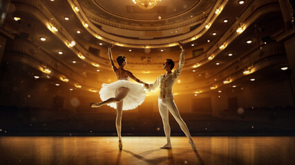 Elegant poised ballet couple, dressed elegant clothes, performing on stage with golden spotlight. Concept of classical dance, art and grace, beauty, choreography in perfect harmony and balance. © Lustre Art Group 
