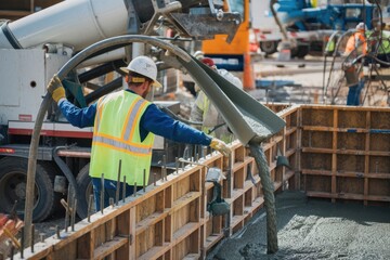 Fototapeta premium Construction workers pour concrete into forms at a busy construction site in the afternoon