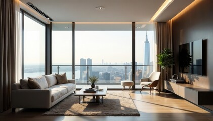 Fototapeta premium Penthouse suite with sleek lines and minimalist decor , private balcony, luxurious ambiance, urban landscape