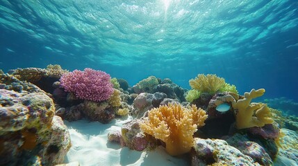 Naklejka premium Vibrant corals under sunny water create a rich, colorful seascape. Aquatic life exists