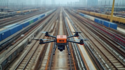 A drone equipped with surveillance technology hovers over extensive railway tracks, monitoring and inspecting cargo containers in a bustling logistics hub.