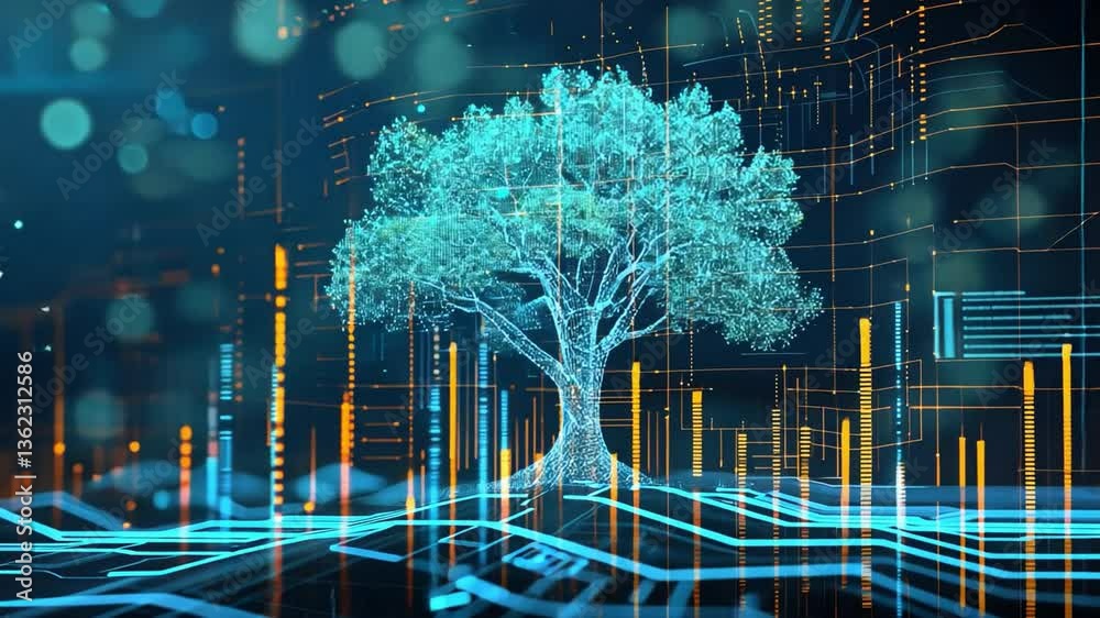 Poster digital tree glowing connection of nature and technology through abstract lines and data patterns, s