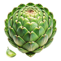 Obraz premium A vibrant green artichoke with dew drops, showcasing its unique texture and layers. A fresh and healthy addition to any dish.