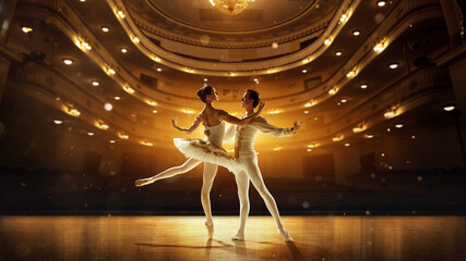 Graceful ballerina held by partner in fluid motion, golden stage lights enhancing silhouettes....