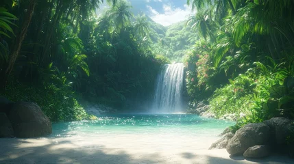Fototapete Lush tropical waterfall cascading into a tranquil pool, surrounded by dense jungle foliage and a pristine sandy beach © dewi