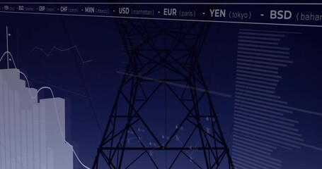 Animation of power line tower with financial data and currency exchange rates - Powered by Adobe