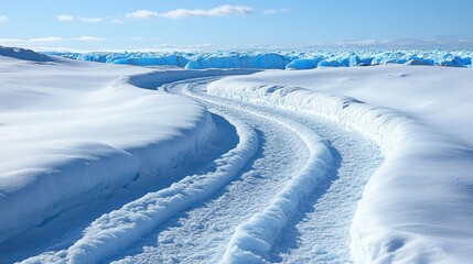 Snow-covered path winding towards a glacier under a bright sky
