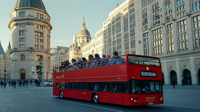 Tourists on a tour bus in the city.