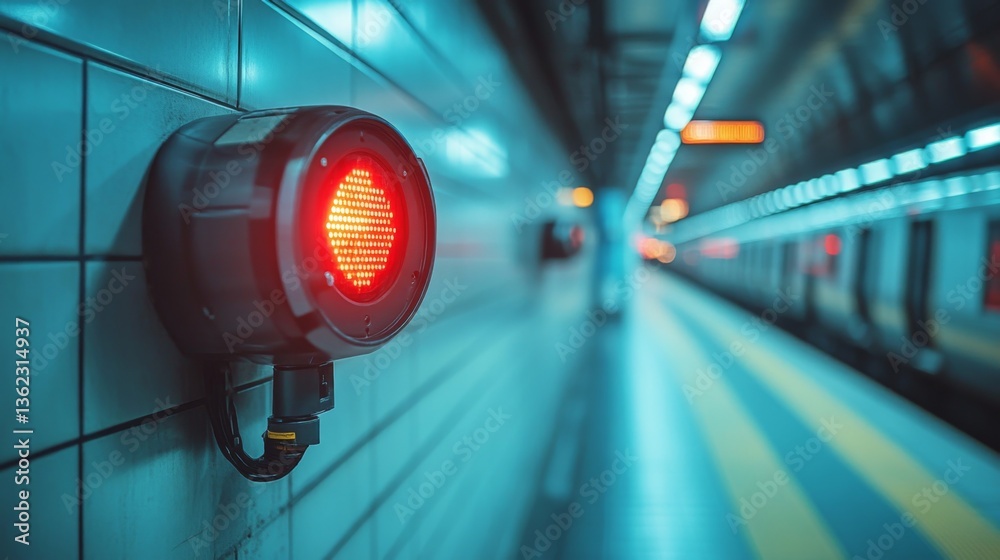 Aufkleber a red light signal illuminates the wall at an underground station, emphasizing transport safety whil