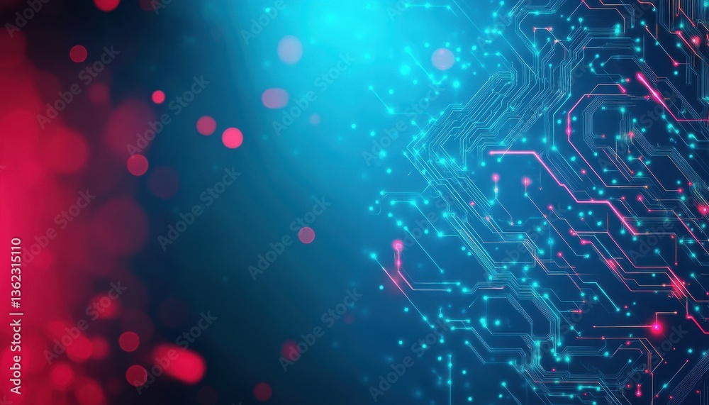 Aufkleber Abstract Digital Circuit Background with Glowing Blue and Red Particles