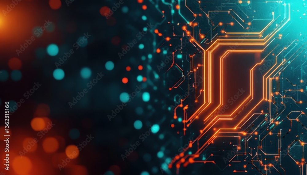 Poster abstract digital circuit board with glowing orange and blue lines