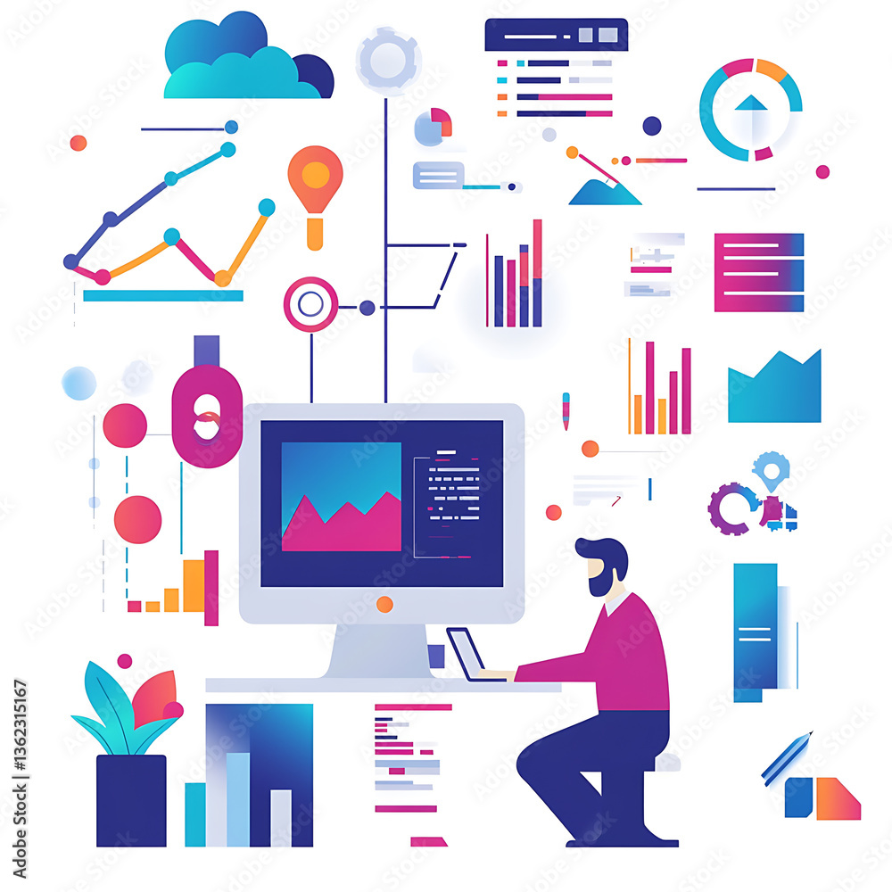 Poster data analysis and visualization techniques in business office workspace infographic design digital e