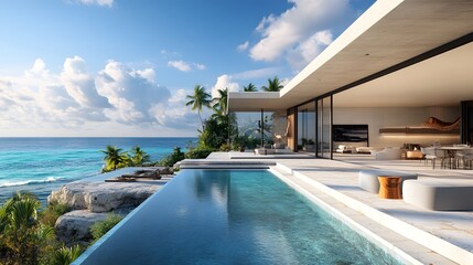 Fototapeta premium Modern luxury beachfront villa boasts floor-to-ceiling glass windows, panoramic ocean view, stone patio, turquoise water, natural stone flooring, and indoor-outdoor living in golden hour light.